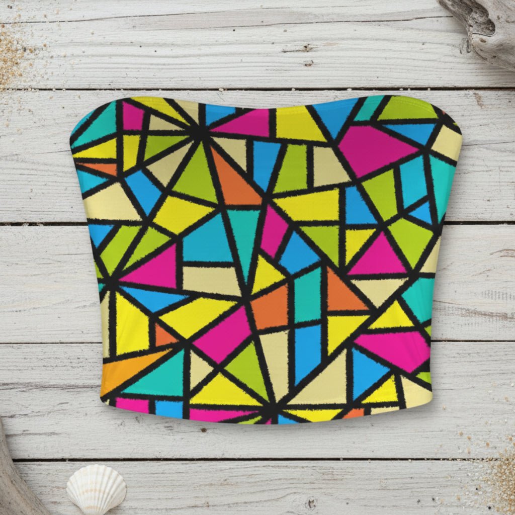 Colorful geometric patterned strapless top on a rustic wood background