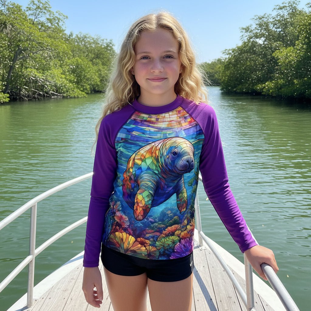 Tween girl in a long-sleeve raglan rash guard with a vibrant, multicolored graphic of a manatee underwater, standing on a Manatee tour boat in Crystal River Florida