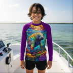 A smiling teenage dude ,standing on a boat near Crystal River, wearing a long-sleeve Youth Rash Guard with a colorful underwater manatee print and purple sleeves, paired with black shorts.