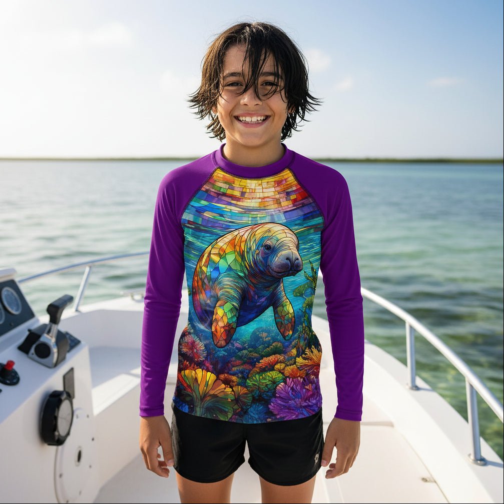 A smiling teenage dude ,standing on a boat near Crystal River, wearing a long-sleeve Youth Rash Guard with a colorful underwater manatee print and purple sleeves, paired with black shorts.