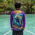 A child viewed from behind wearing a long-sleeve rash guard with purple sleeves and a large colorful manatee graphic on the back, standing on a boat in Crystal River with turquoise water and palm trees in the background.
