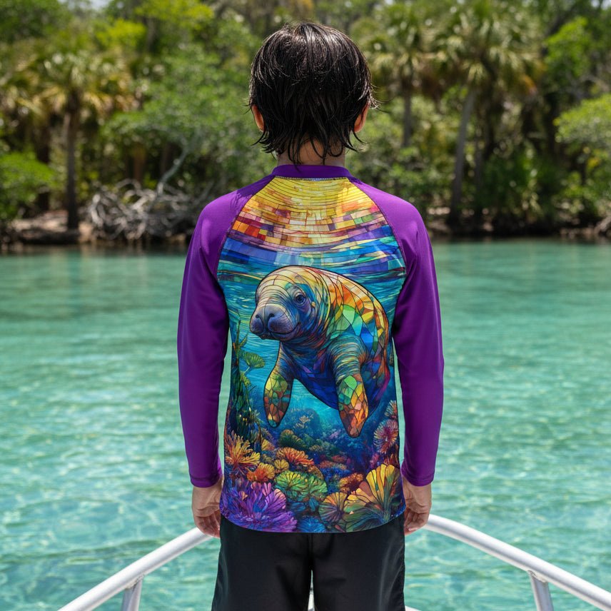 A child viewed from behind wearing a long-sleeve rash guard with purple sleeves and a large colorful manatee graphic on the back, standing on a boat in Crystal River with turquoise water and palm trees in the background.