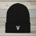A black ribbed knit beanie hat with a folded cuff, featuring a small white embroidered shark tooth logo on the front, shown against a plain white background.