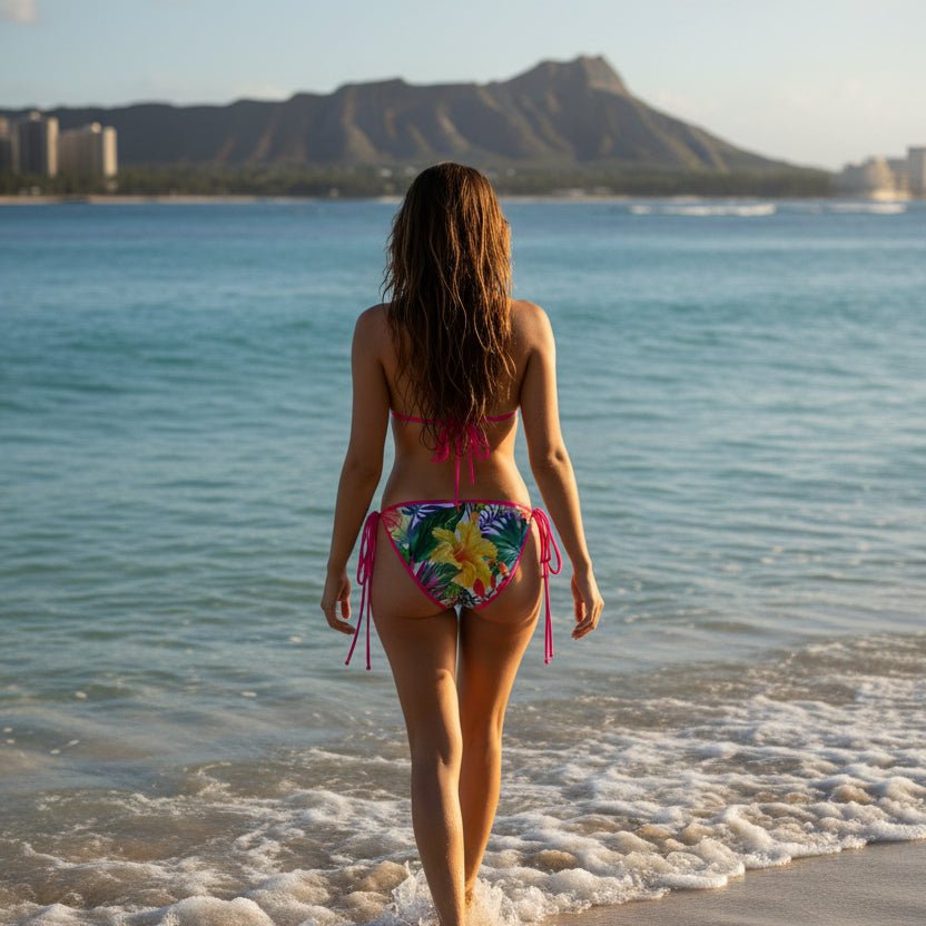 Bikini Model in tropical leaf patterned bikini bottom with pink straps Waikiki Beach