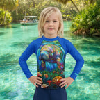 A young blonde dude wearing a long-sleeve swim shirt with a colorful manatee graphic, standing in front of a Blue Springs with palm trees and a boat in the background.