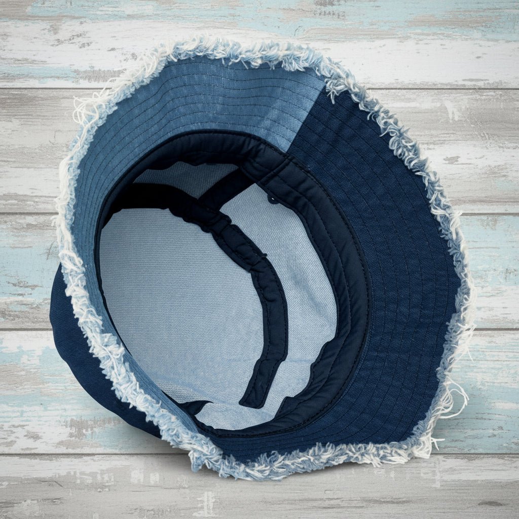 Blue denim bucket hat with frayed edges on a rustic wood background