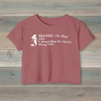 Red t-shirt with white mermaid graphic and text on a white background