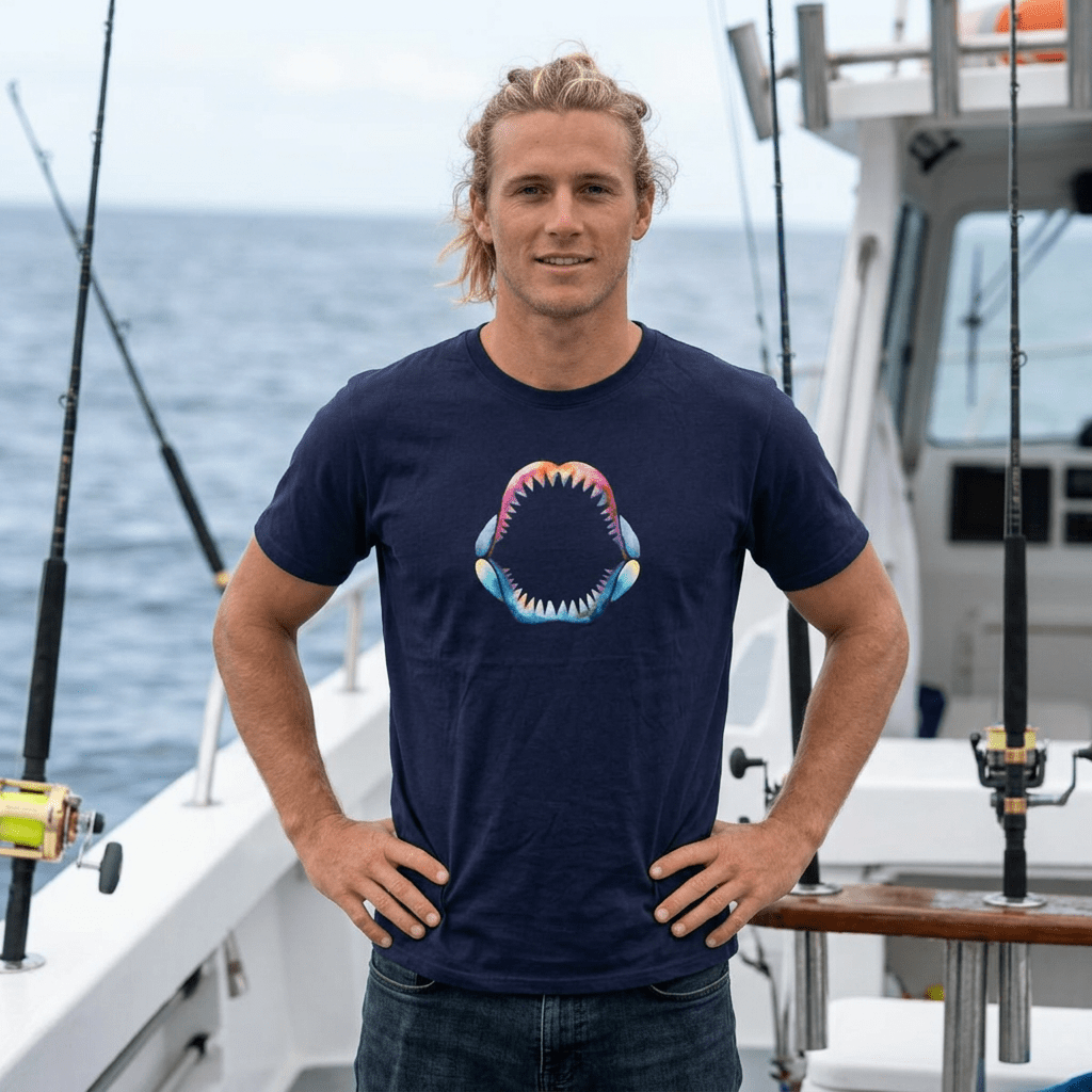 A man standing on a boat wearing a navy blue t-shirt with a colorful graphic of a Shark Jaw, with the ocean and fishing rods in the background.