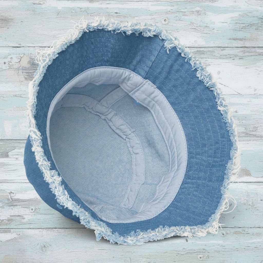 Blue denim-style hat with lace trim on a rustic wood background