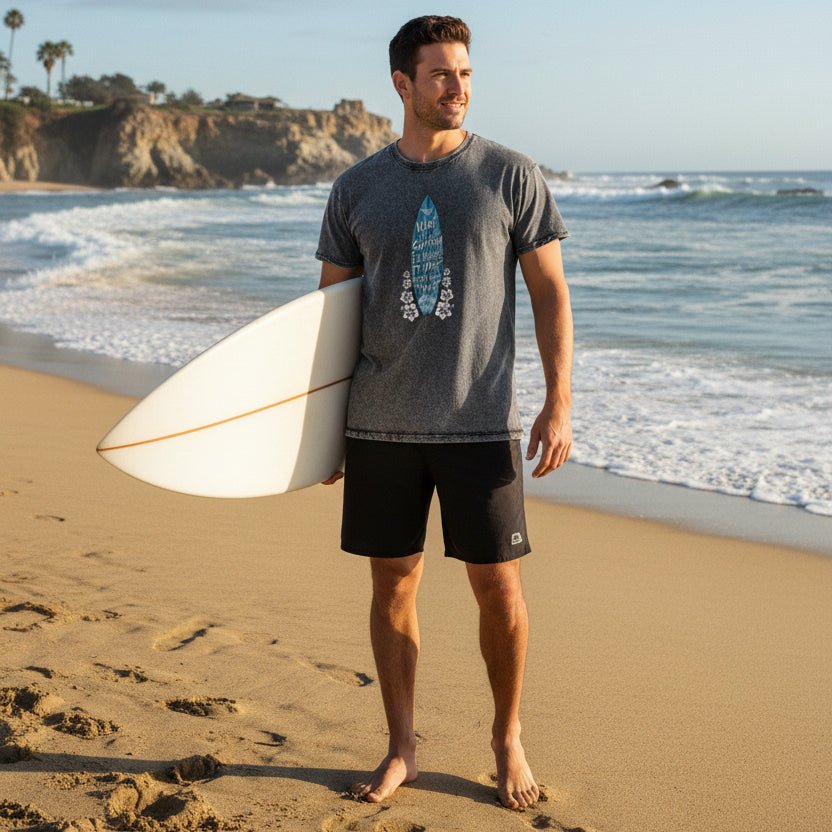 Black t-shirt with a blue surfboard design and text on a white background