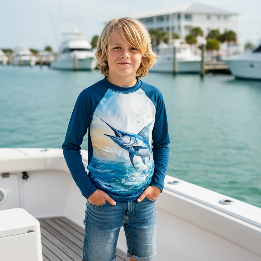 Tween dude on a boat in Destin Marina wearing a long-sleeve sun rashie with a large graphic print of a marlin jumping out of the ocean.