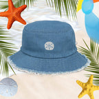 Sand Dollar Embroidered on Blue Denim Bucket Hat with frayed edges around the brim.
