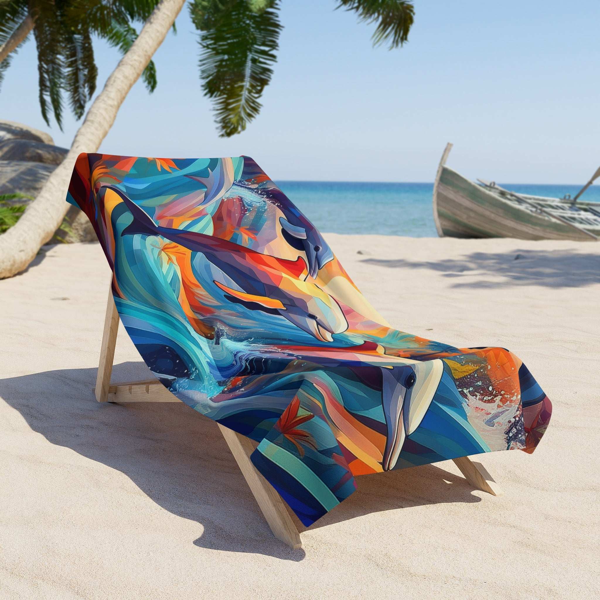 Surreal Dolphins on a plush beach towel draped over a beach chair under a palm tree