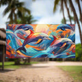 A surreal Dolphin beach towel hangs on a line outside as surf shack in Hawaii