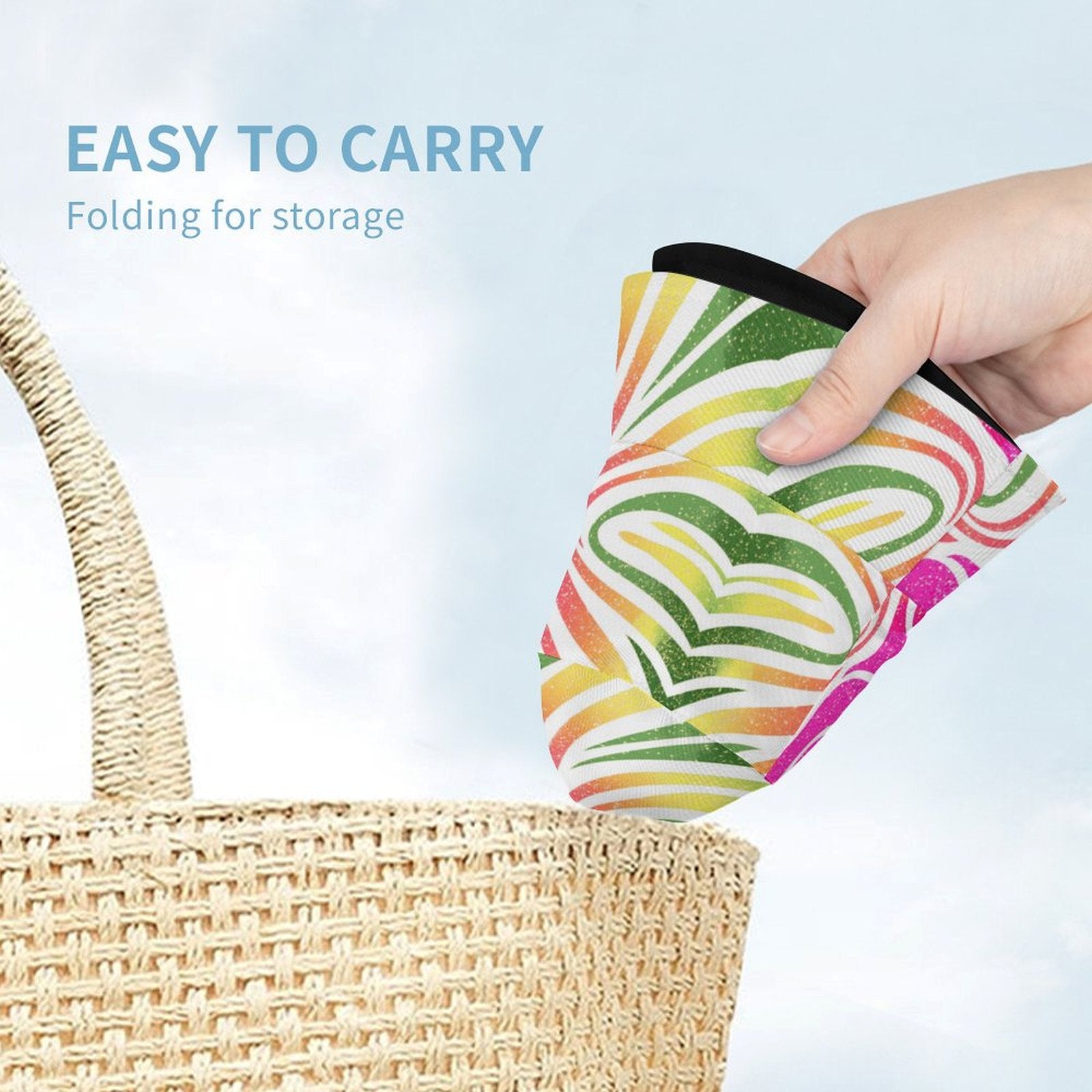 Colorful striped pouch being folded and placed into a woven bag with text 'Easy to carry' and 'Folding for storage'.