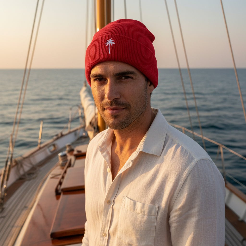 Sailor wearing a red knit beanie hat with a folded cuff, featuring a white embroidered palm tree