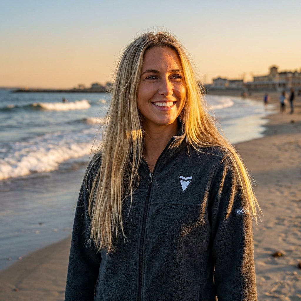 Beachwear model wearing a dark charcoal gray fleece jacket with a stand-up collar and full-length front zipper, with an embroidered shark tooth on the chest.