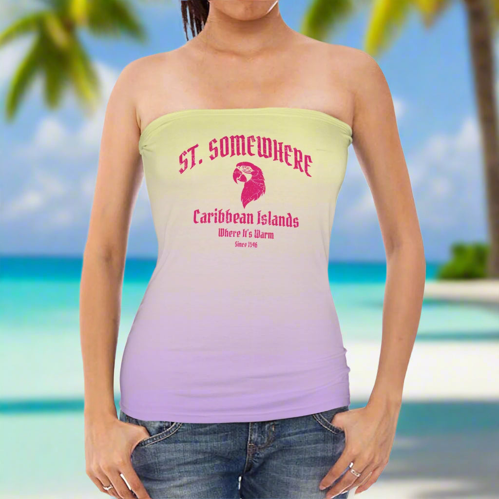 Swimwear Model wearing a strapless top with 'St. Somewhere' and parrot head graphic just hanging loose on some Caribbean Island beach