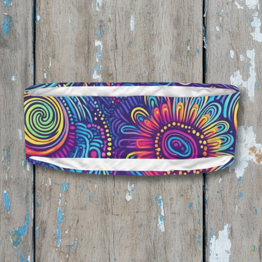 Colorful headband with a vibrant island fashion pattern on a white background
