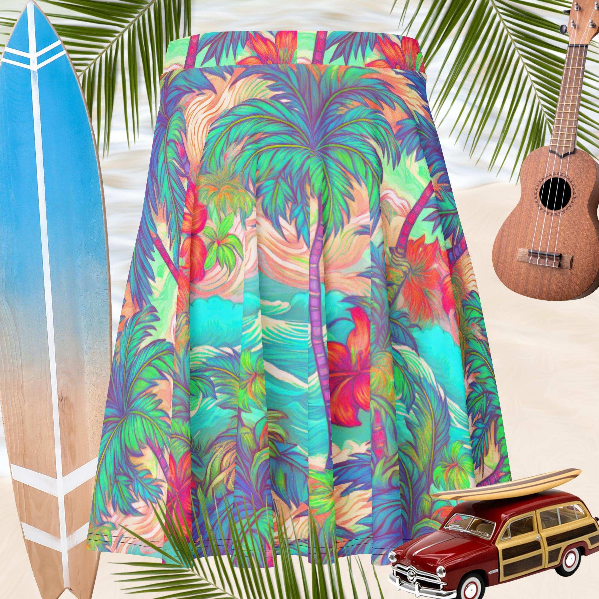 Colorful tropical patterned beach skirt with a surfboard, ukulele, and vintage car on a beach background.