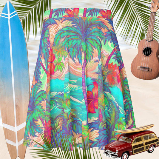 Colorful tropical patterned beach skirt with a surfboard, ukulele, and vintage car on a beach background.