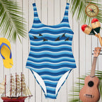 Fins Up Low Cut One-Piece Swimsuit Featuring Shark Fins to the Left and Fins to the Right