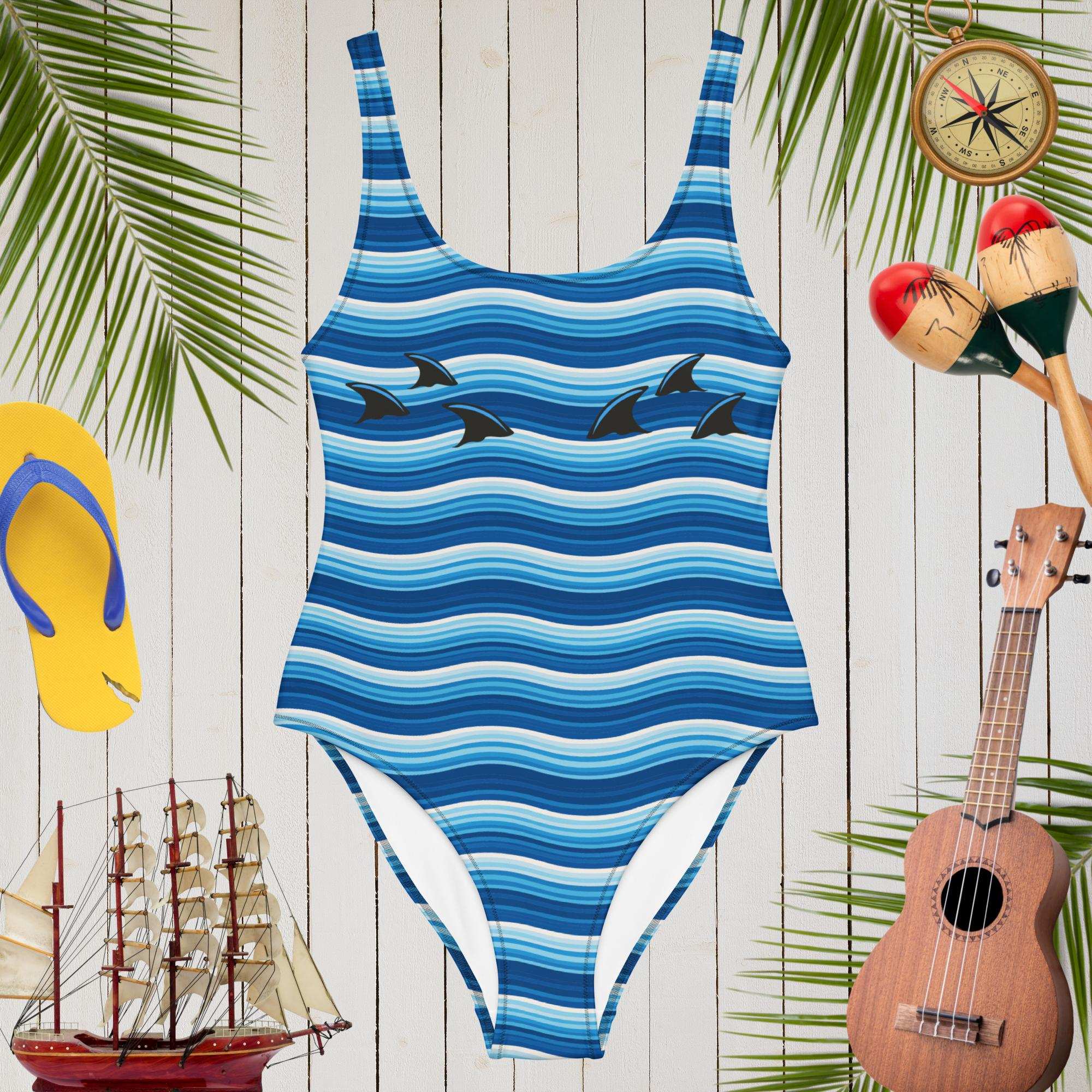 Fins Up Low Cut One-Piece Swimsuit Featuring Shark Fins to the Left and Fins to the Right