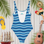 Back of Fins Up 1-Piece Low-Cut-Swimsuit Featuring Shark Fins and cool wave pattern