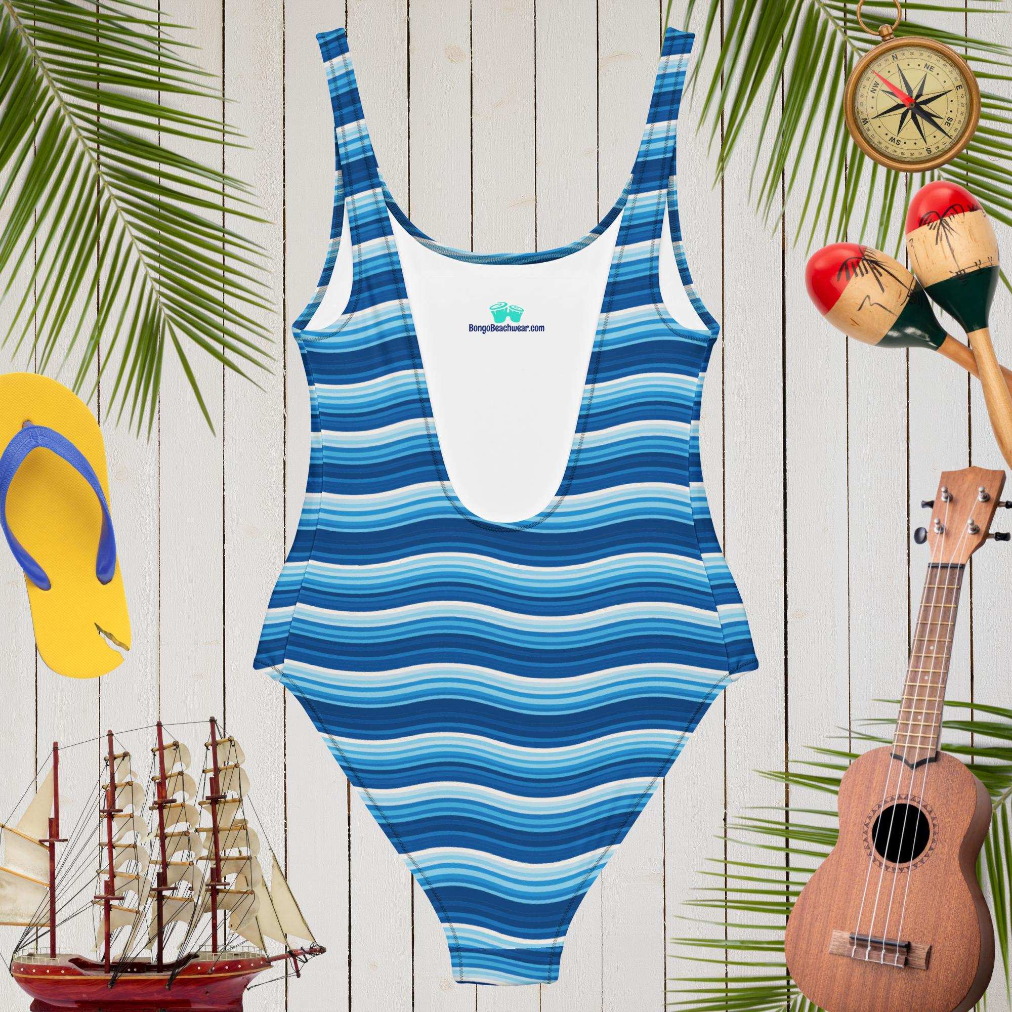 Back of Fins Up 1-Piece Low-Cut-Swimsuit Featuring Shark Fins and cool wave pattern