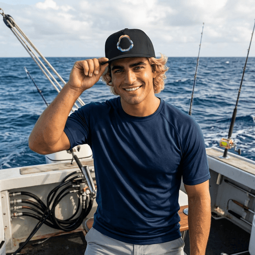 A smiling man on a boat wearing a navy blue short-sleeve shirt and a black baseball cap with a colorful circular graphic, with the ocean in the background.