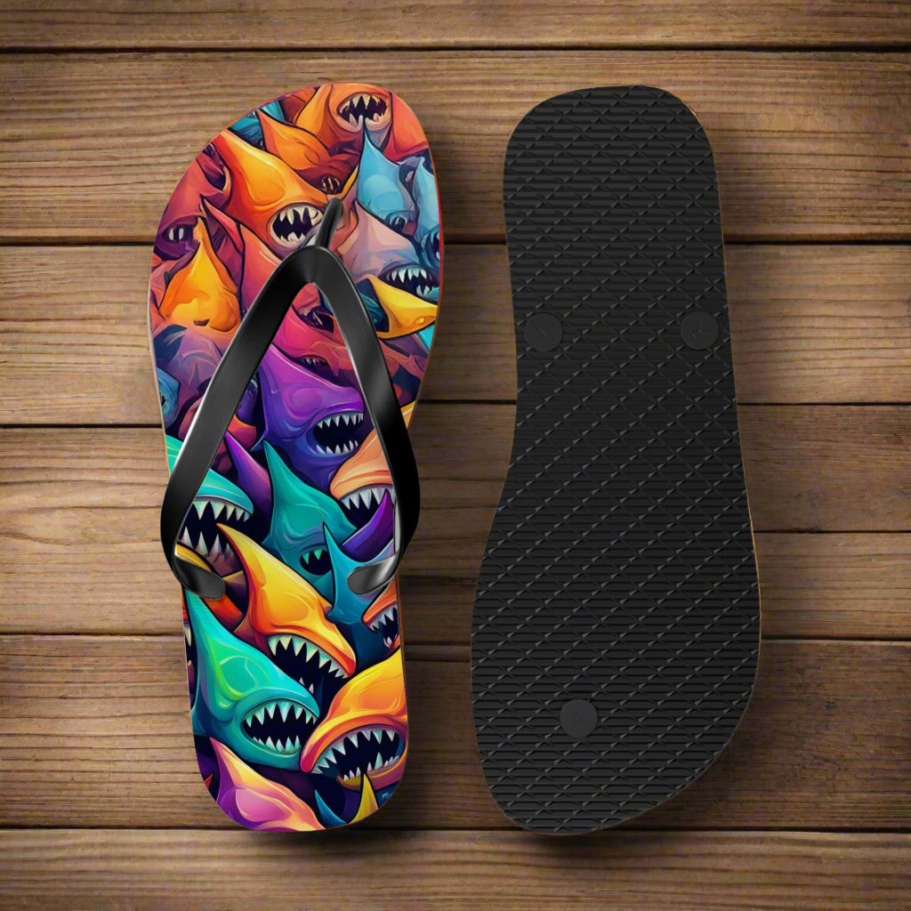 Colorful shark-patterned flip-flop with a black insole on a rustic nautical wood background