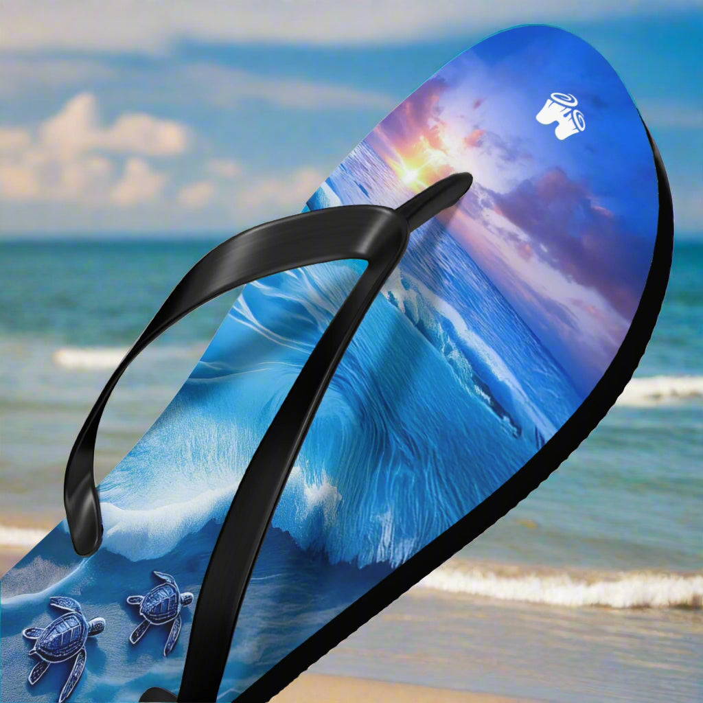Flip-flop with ocean and turtle design on a sunny beach background