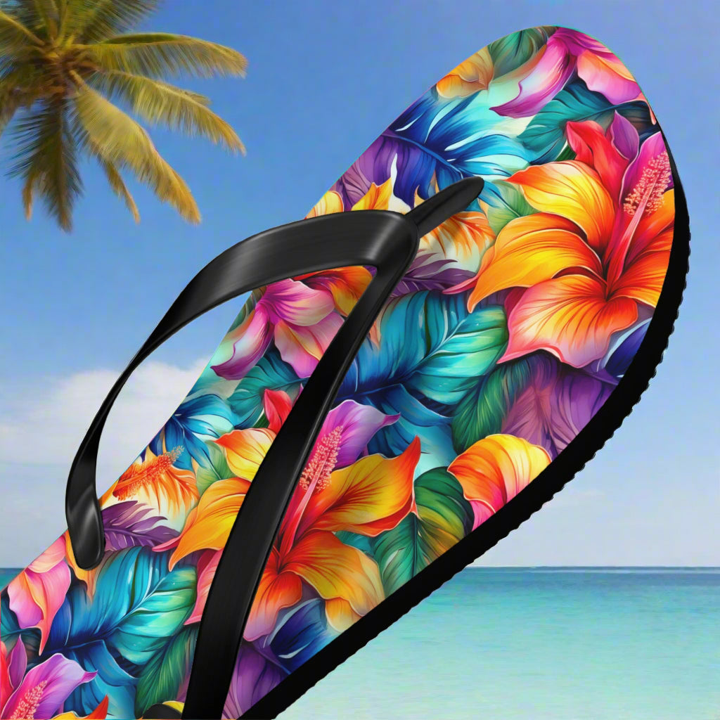 Colorful floral flip-flop sandal on a beach  background