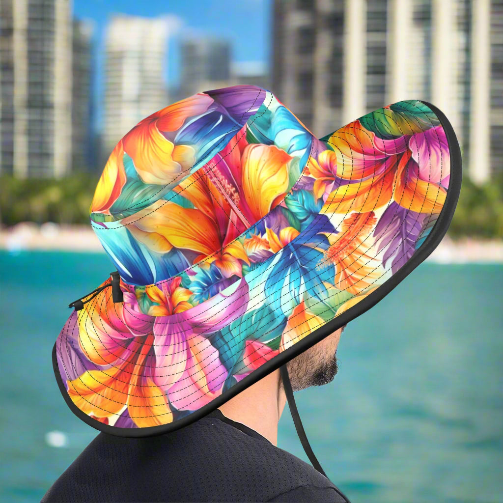Dude wearing Colorful floral patterned sun hat in the Waikiki Marina 