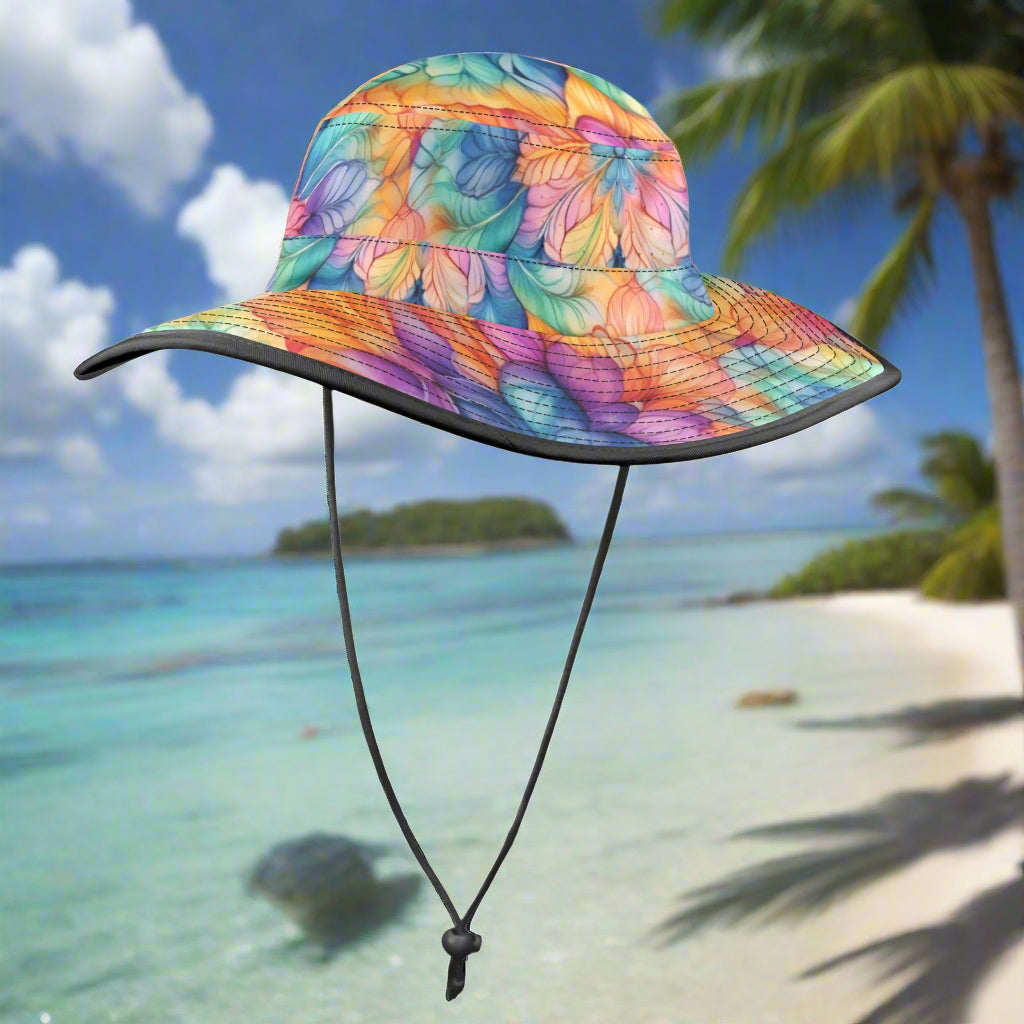Colorful floral-patterned bucket hat on a beach background
