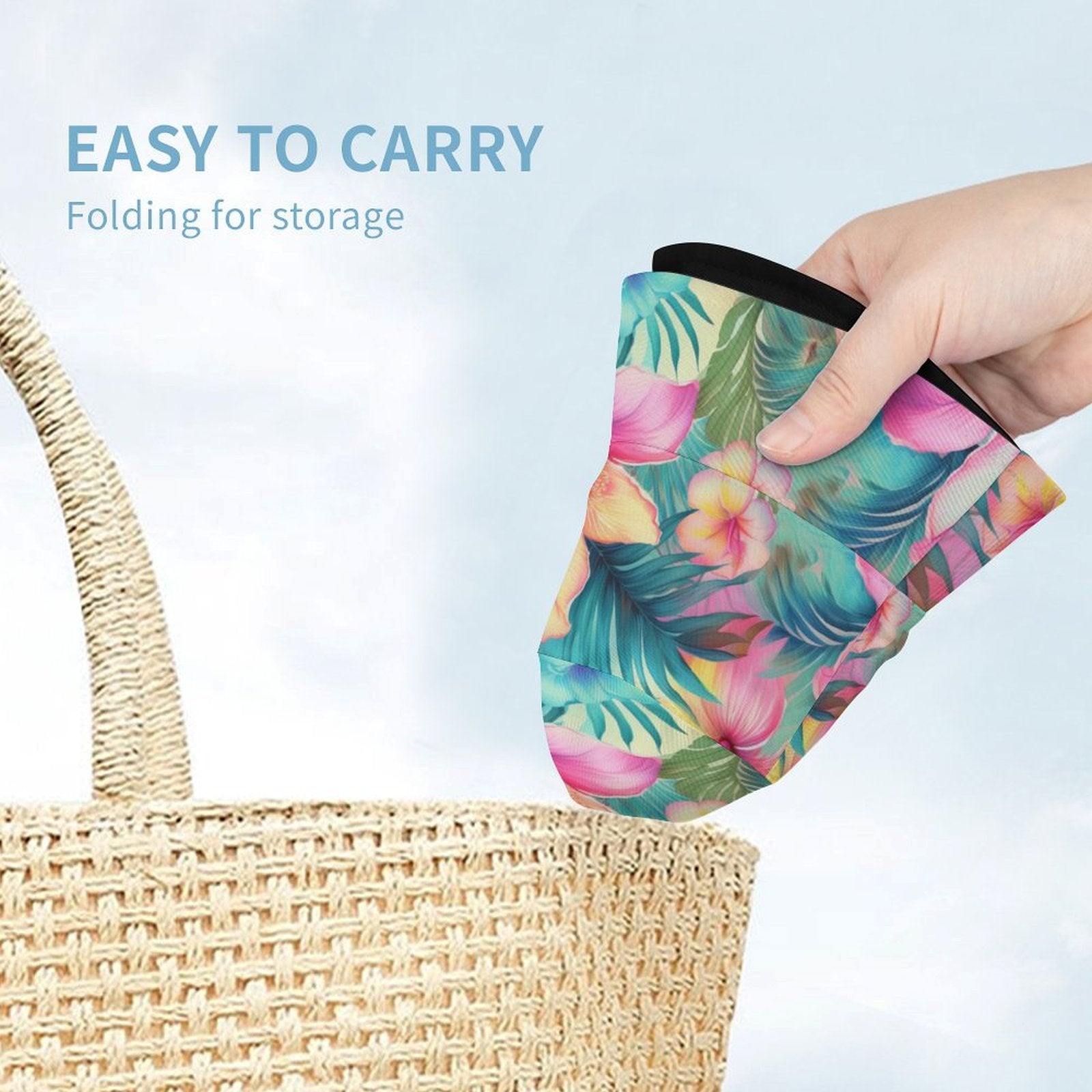 Hand holding a floral-patterned kids bucket hat with text 'Easy to carry, folding for storage' above a straw bag.