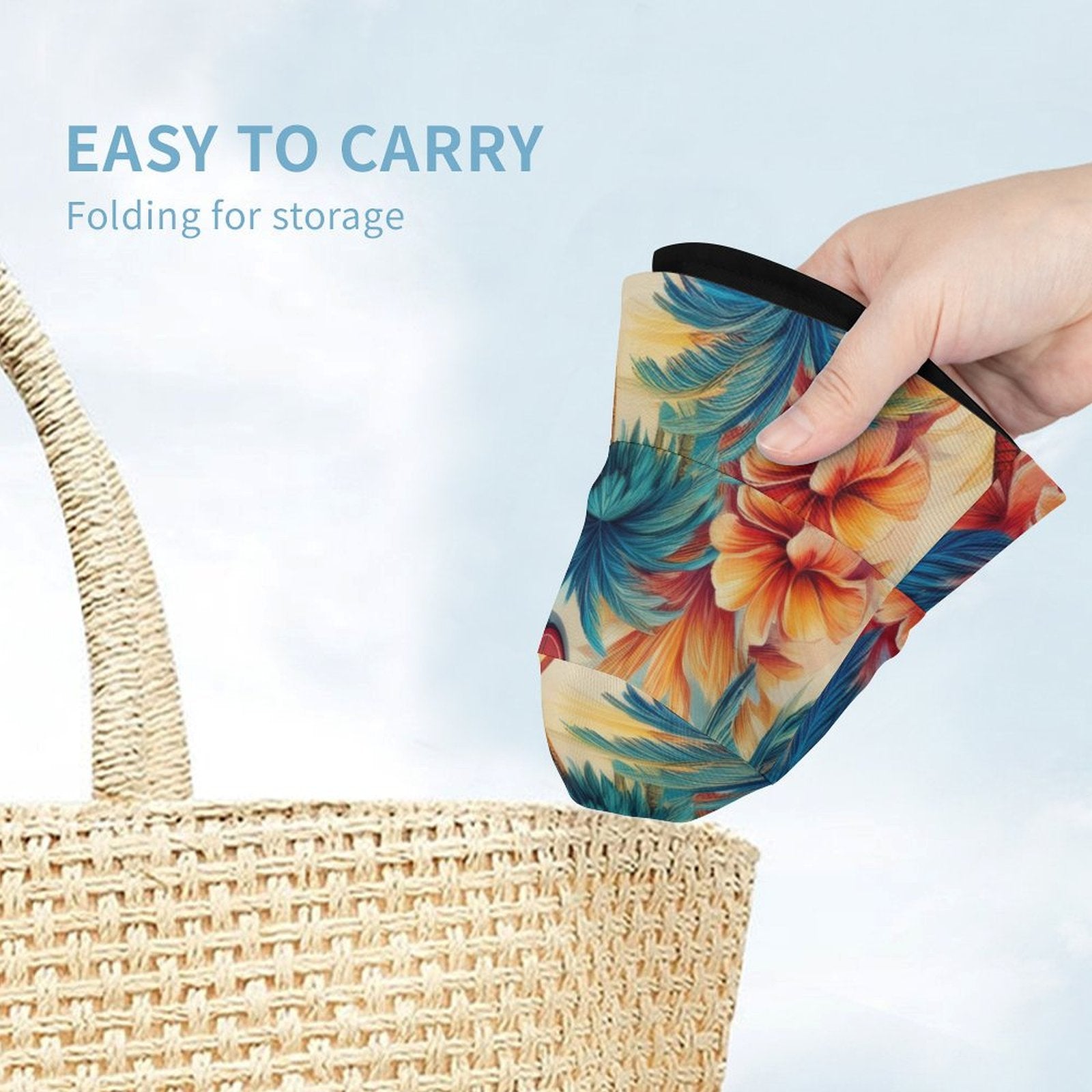 Floral-patterned kids' bucket hat being folded and held above a woven bag with text 'Easy to carry' and 'Folding for storage'.
