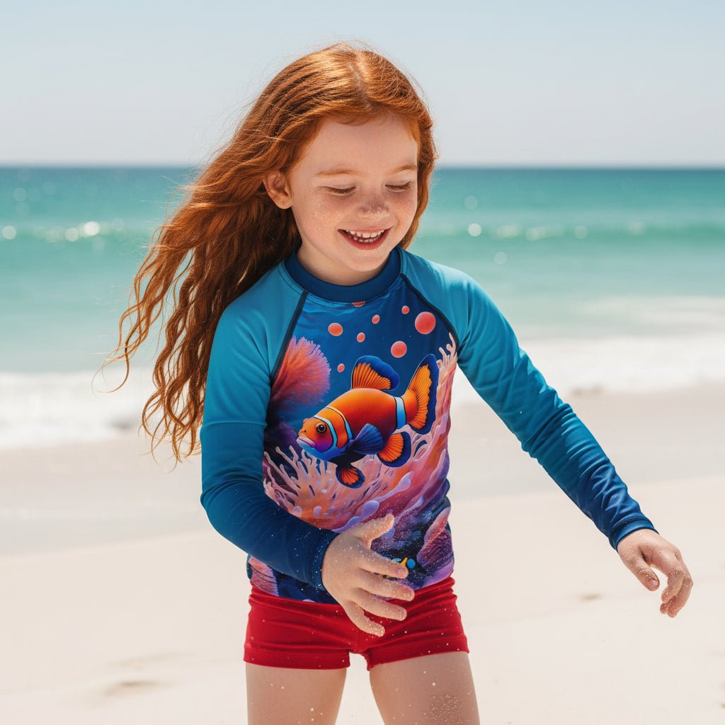 Little girl with long red hair wearing a  long-sleeve kids' rash guard featuring a vibrant 3D-printed design of a clownfish and an anemone playing on Fort Myers Beach