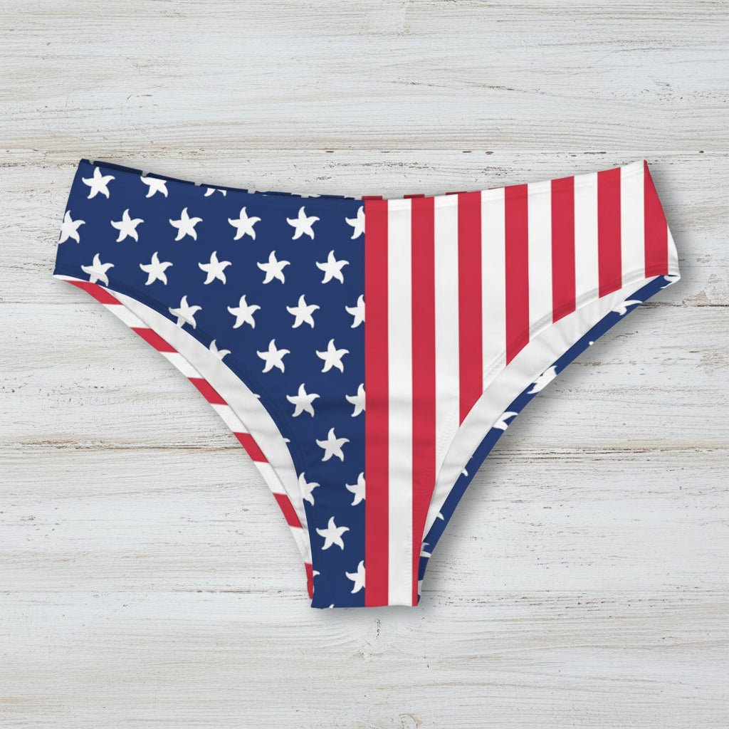Bikini bottom with American flag design on a white background