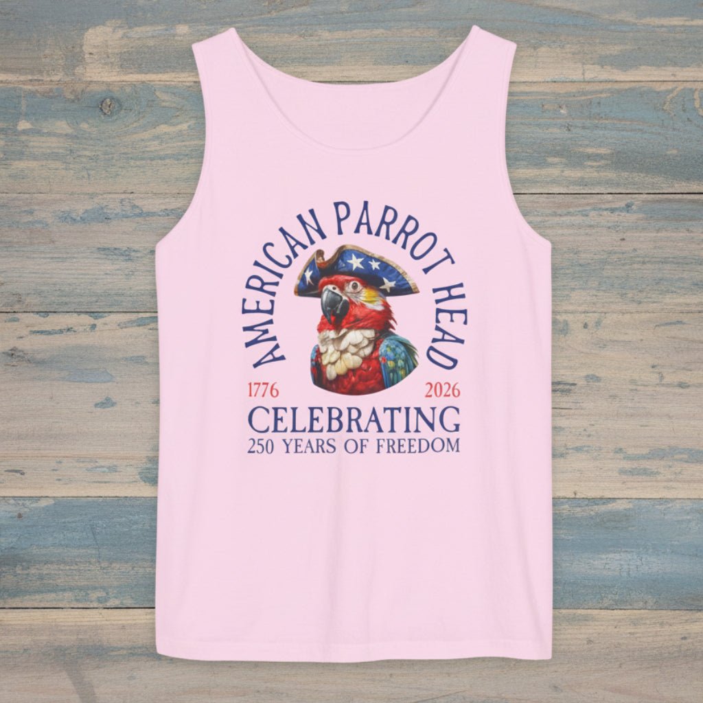 Pink tank top with 'American Parrot Head' graphic and text on a rustic wood  background