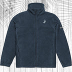 A black fleece zip-up jacket with a stand-up collar, laid flat against a white wood plank background with a faint palm leaf pattern.
