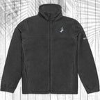 A black fleece zip-up jacket with a stand-up collar, laid flat against a white wood plank background with a faint palm leaf pattern.