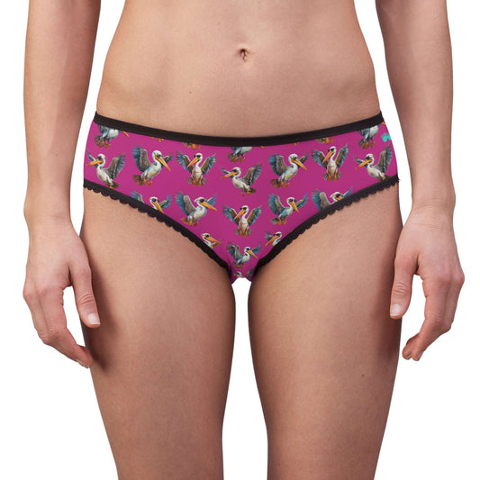 Fun pelican print women's briefs with elastic waistband in vibrant colors on a model.