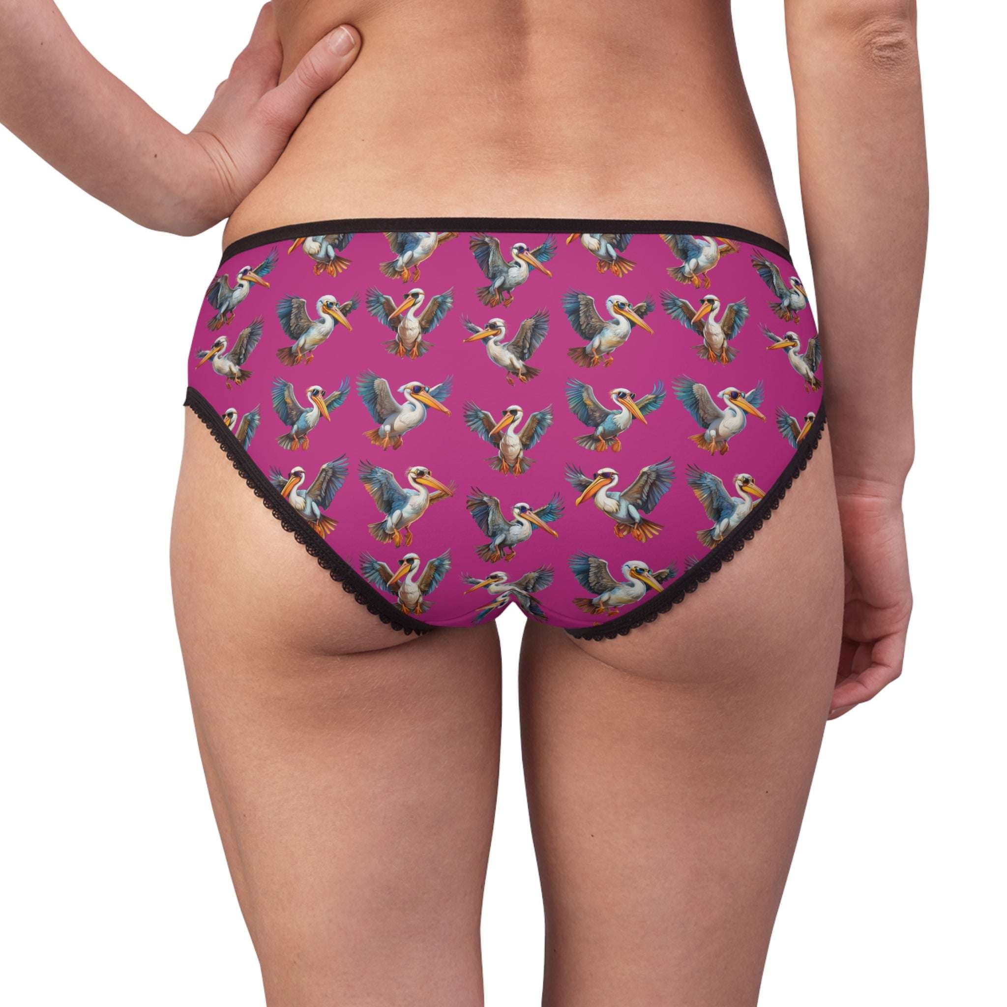 Fun Pelican Briefs in vibrant pink with playful pelican print, featuring a comfortable elastic waistband.