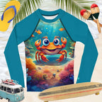 Children's long-sleeve rash guard shirt with a crab design on a beach background with flip-flops, maracas, and a model surfers van.