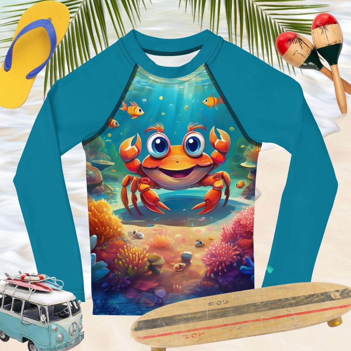 Children's long-sleeve rash guard shirt with a crab design on a beach background with flip-flops, maracas, and a model surfers van.