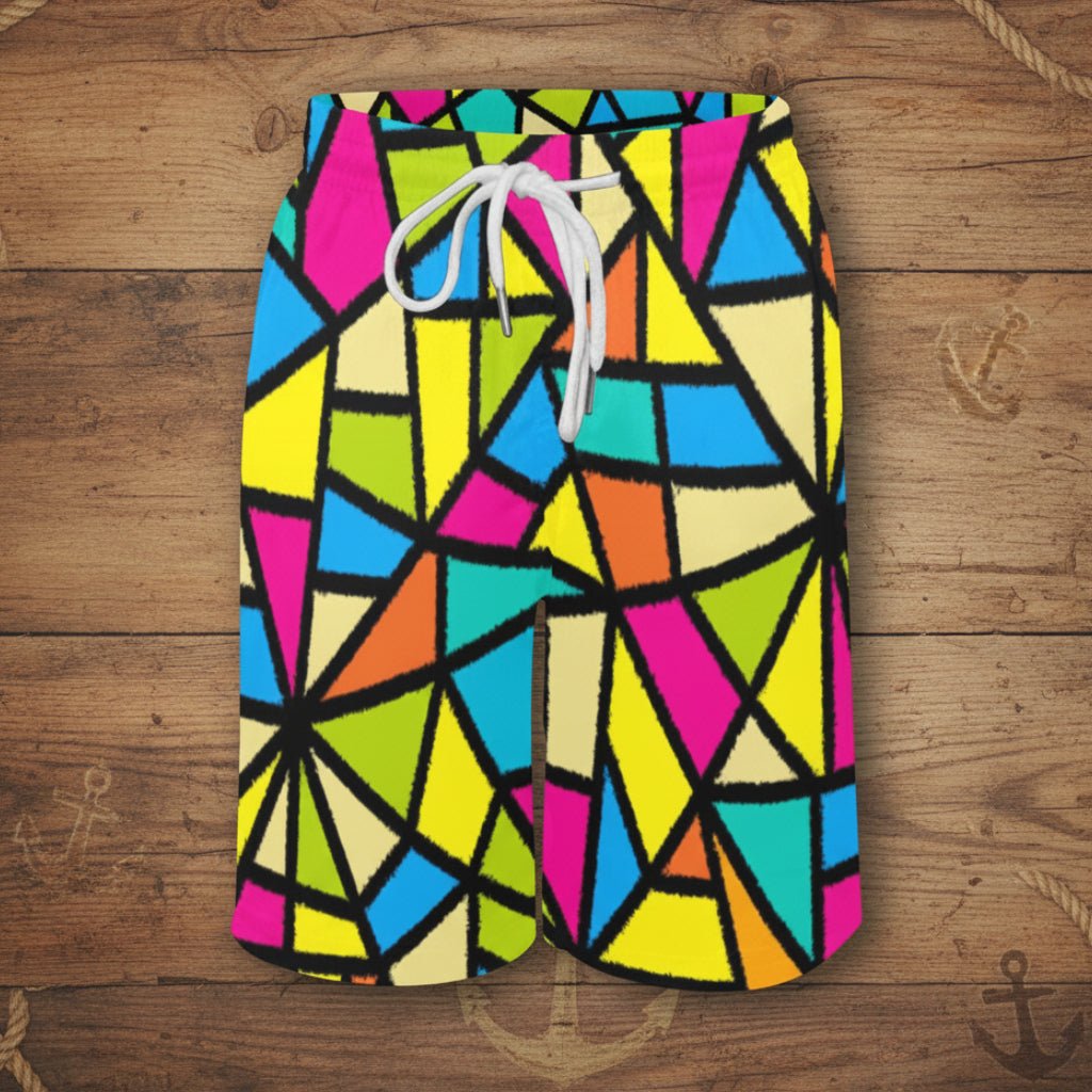 Colorful geometric patterned shorts on a nautical wood background