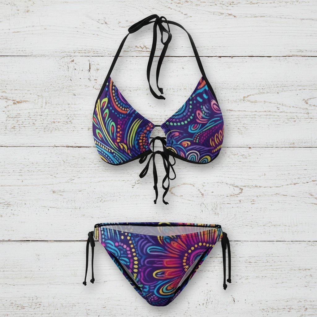 Colorful bikini set with paisley pattern on a white background