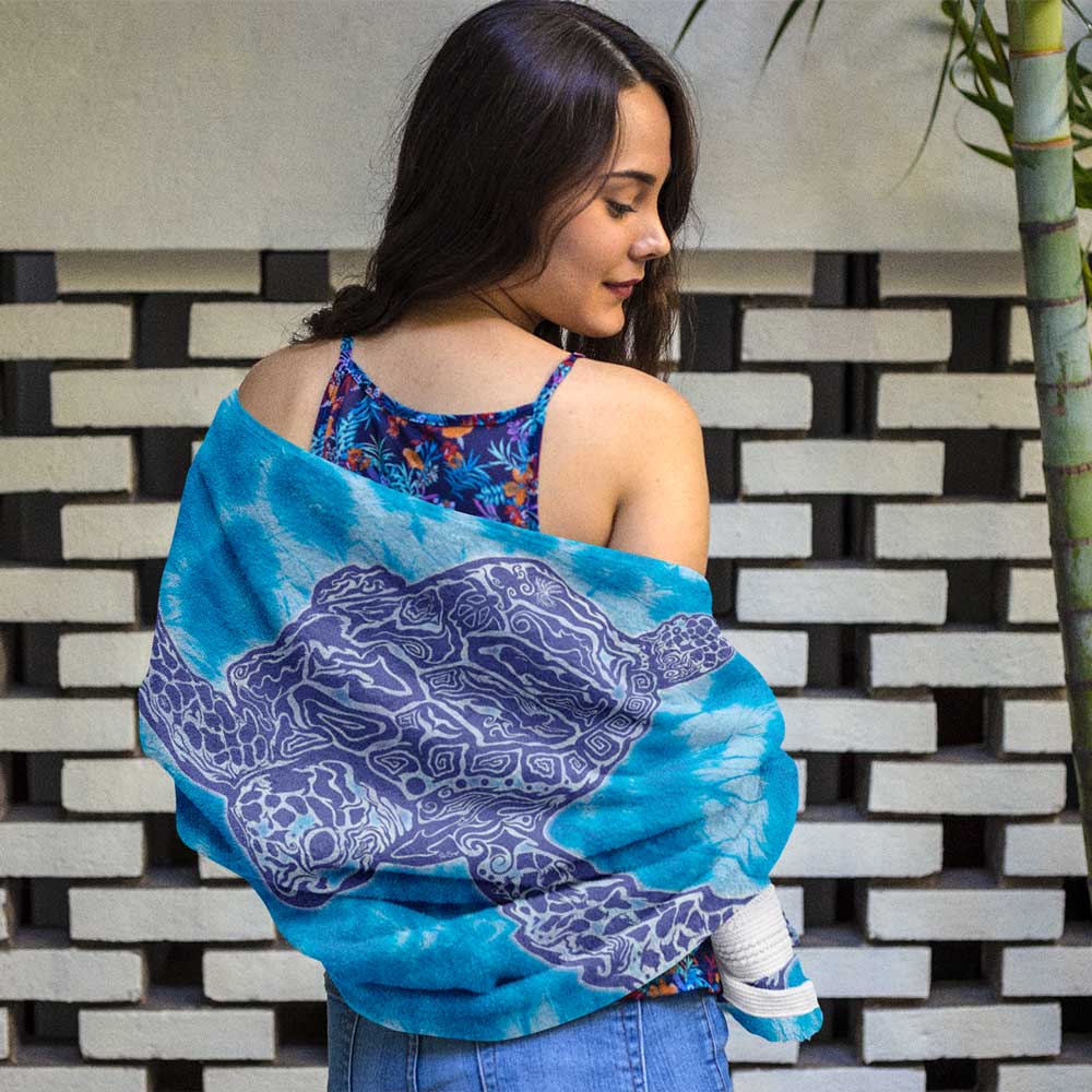 Cool Zen Art Sea Turtle Beach Towel wrapped around a swimsuit mode 