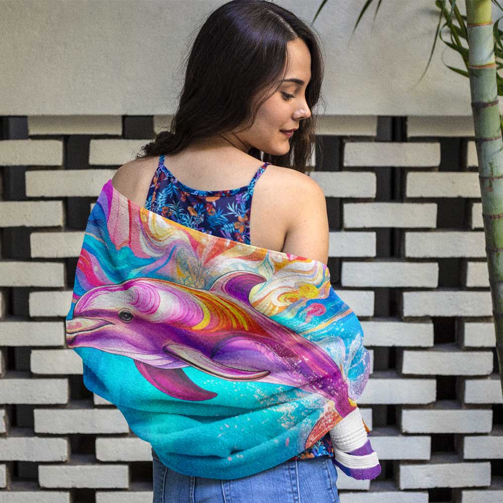Swimsuit model wrapped in a Pink dolphin beach towel. 